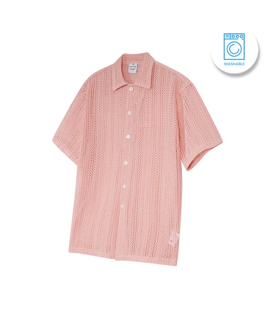 86-IRO256 [Washable] Crochet Open Collar Half Shirt Pink