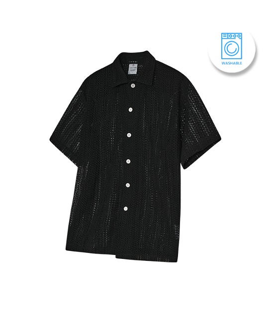 86-IRO256 [Washable] Crochet Open Collar Half Shirt Black