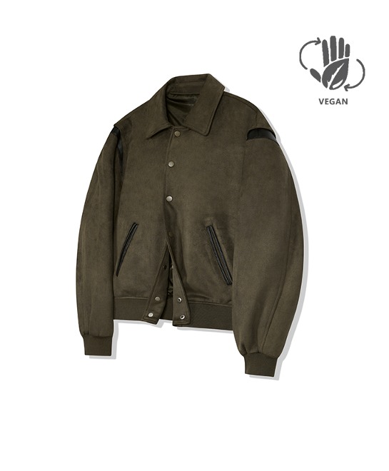 86-IRO195 [Vegan Suede] Collar Neck Varsity Suede Jacket Khaki