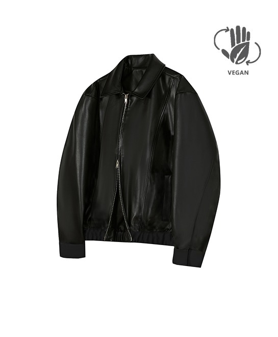 86-IRO230 [Vegan Leather] Curved Stitch Blouson Leather Jacket Black