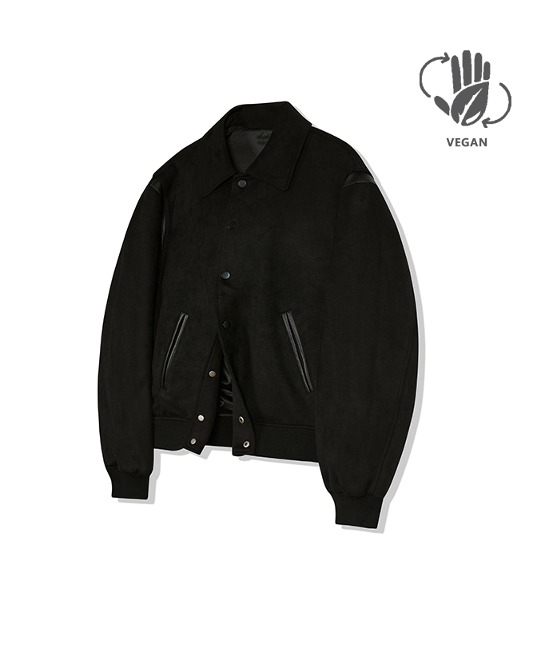 86-IRO195 [Vegan Suede] Collar Neck Varsity Suede Jacket Black