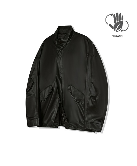 86-IRO232 [Vegan Leather] Half String Fish-Tail Leather Jacket Black