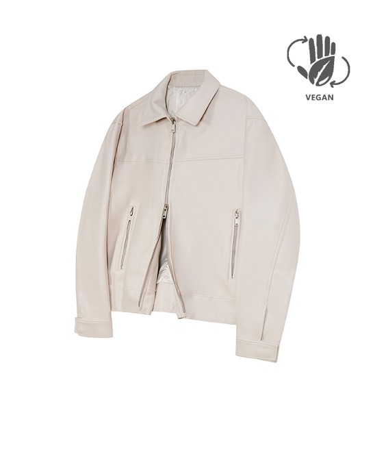 86-IRO236 [Vegan Leather] Biker Collar Leather Jacket Ivory