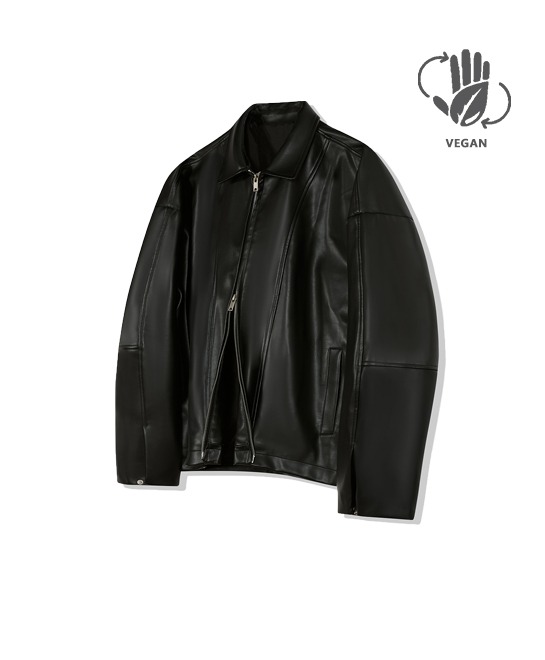 86-IRO308 [Vegan Leather] V-Line Stitch Leather Jacket Black