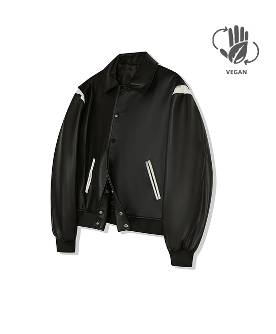 86-IRO199 [Vegan Leather] Color Mixing Varsity Leather Jacket Black